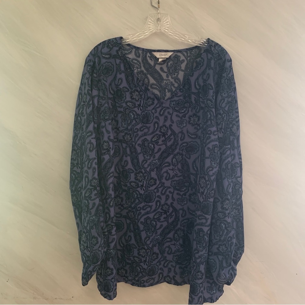 Catherine’s 3X Purplish Blue & Navy Blue Paisley V-Neck Long Sleeve Blouse